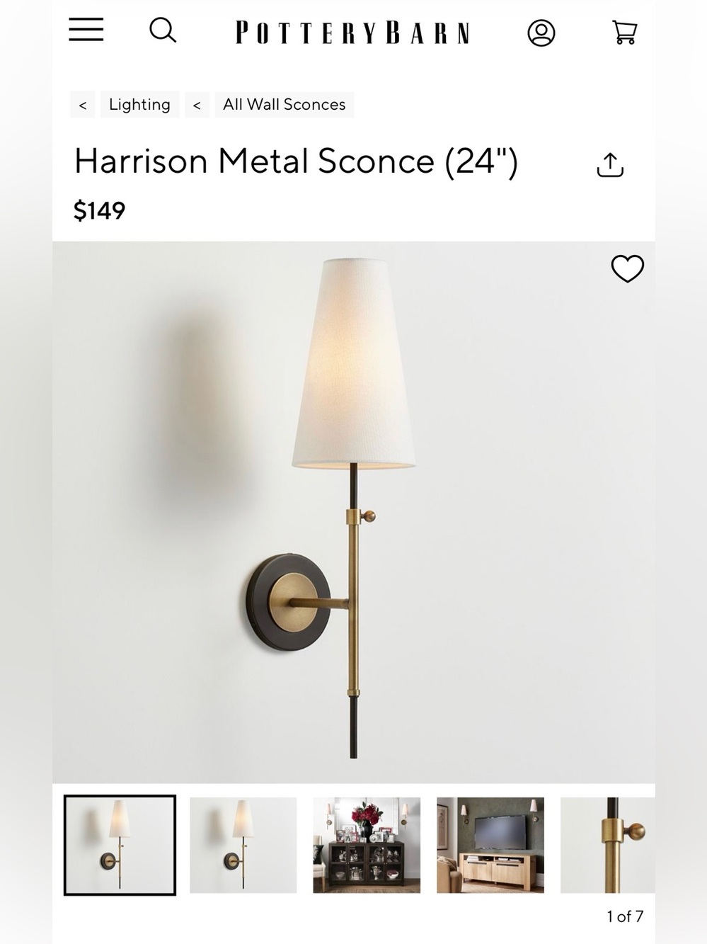 Pottery Barn Harrison Metal Sconce in Brass & Black with White Shade